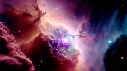 Obraz premium Large panoramic view of a colorful dark blue nebula in space. Cosmic background with bright shining stars, galaxies and deep universe. Generative ai