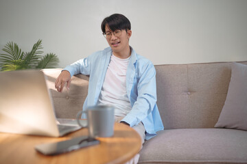 business man speak conference on laptop in video call people smart working from home