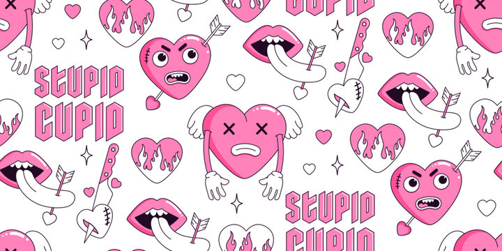 Y2k pink semless pattern. Fire, knife, heart,  tattoo and other elements in trendy 2000s style. 90s, 00s aesthetic. Anti valentines day conception. Stupid cupid. Pink, black, white colors.