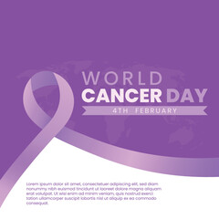World Cancer Day event poster or banner background template design with purple ribbon symbol vector illustration