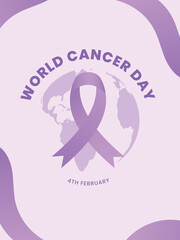 world cancer day poster template with purple ribbon and planet earth vector illustration