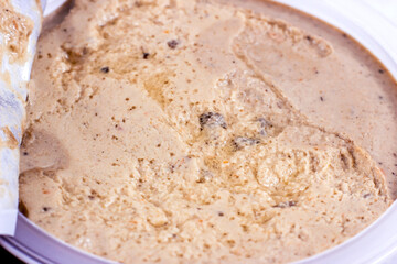 Meat pate with mushrooms for breakfast close up.