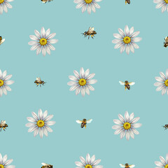 Seamless pattern with daisies and bees. Watercolor illustration. For textiles, wrapping paper and banners, postcards