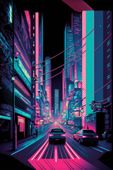City in night. Generative Ai illustration in vector style.