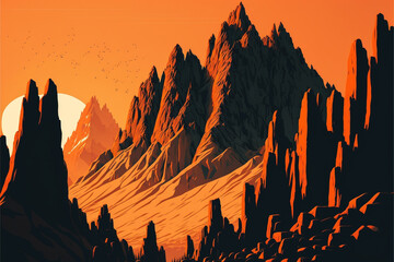 Sunset in the mountains.Generative Ai illustration in vector style.