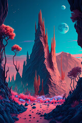 Otherworldly landscapes of the mysterious planet Arcturia. The vibrant, alien flora and towering crystal formations are unlike anything on Earth. Vector illustration. Generative Ai. - 558410319