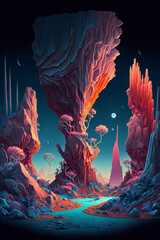 Otherworldly landscapes of the mysterious planet Arcturia. The vibrant, alien flora and towering crystal formations are unlike anything on Earth. Vector illustration. Generative Ai. - 558410320