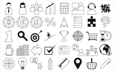 Business vector icons set. Outline icon collection. Icons for business, management, finance, strategy, marketing. Icons work group