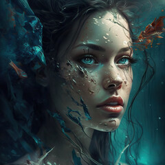 AI generated surreal illustration, a portrait of a submerged mermaid. Underwater