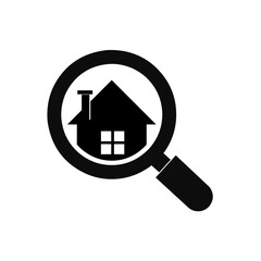 Magnifying glass with house. Vector icon. Property search icon.
