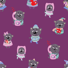 Seamless pattern with Valentine bears. Design for fabric, textile, wallpaper, packaging, wrapping paper.