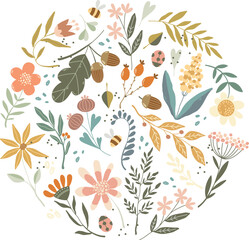 Floral doodle vector round illustration with wildflowers, acorns, leaves, bee and ladybug on textured background	