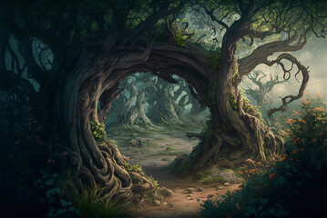 Fantasy forest path with old trees scene AI Generative