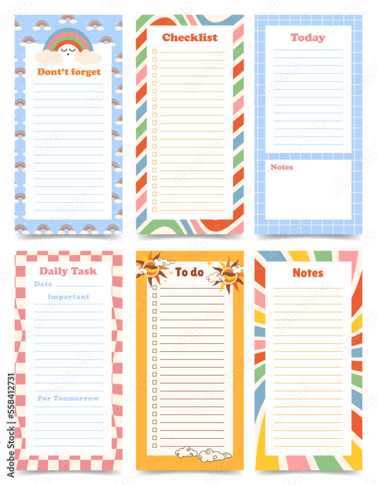 Poster set of planners, daily tasks, to do list, notes, tasks for today pages template. vertical journal on