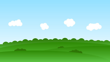 Obraz na płótnie Canvas landscape cartoon scene with green field and white cloud in summer blue sky background
