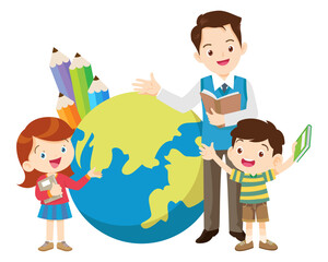 happy teacher with Boy and girls learning or studying