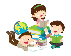 happy teacher with Boy and girls learning or studying