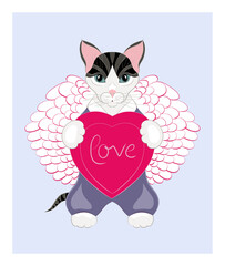 Cat hugging a heart, drawn in a cartoon style.