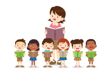 happy teacher with Boy and girls learning or studying