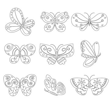 Collection of different outline of butterflies in pastel colors.