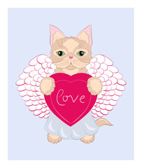 Cat hugging a heart, drawn in a cartoon style.