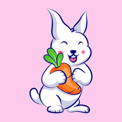 Little rabbit hug a carrot cartoon vector icon illustration. Cute animal icon concept