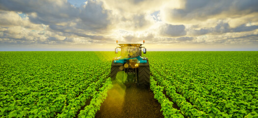 Tractor on soybean field at sunset, 3d render