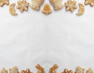 New Year Design Template with Gingerbread Cookies as a Frame and Place for Text in the center on white paper background