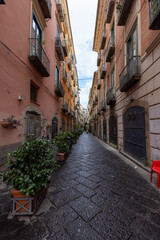 Fototapeta na wymiar Old Urban Streets in a Downtown city of Salerno, Italy. Sunny and Cloudy Day.