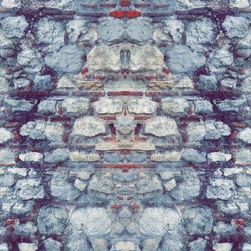 Abstract Blue Brick Wall Texture. Peeling brick Wall. Background or Backdrop. Grunge Symmetrical Art Wallpaper Toned Photo