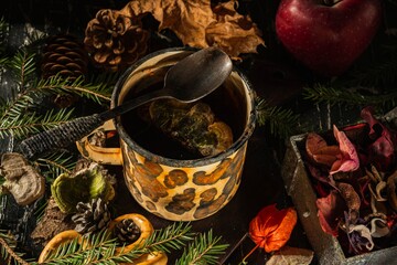 Still life- medicinal tea is a forest medicine from the polypore mushroom. Dark background- photo clipart