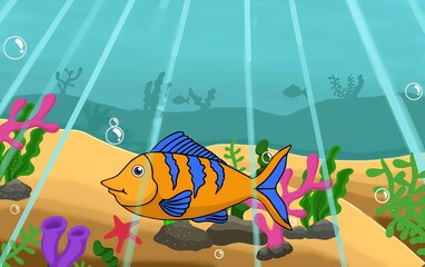 beautiful orange fish with blue stripes in the ocean and with various sea plants
