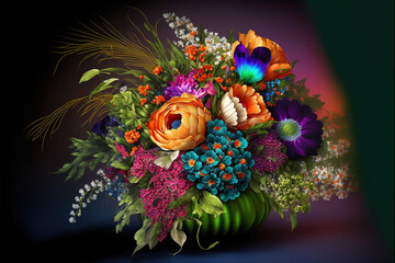 Floral composition, bouquet of various and colorful flowers. Generative AI.