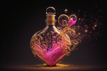 Love philter. Heart-shaped glass potion bottle with gold ornaments, filled with pink dust, isolated. For Valentine's day or wedding. Generative ai. - obrazy, fototapety, plakaty