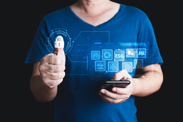 hand touch hologram to save energy,and reduce global warming,climate change,ecology friendly investment,ESG environment social governance,Green Business Innovation and Sustainable Development concept.