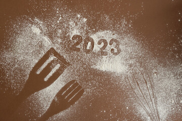 Bakery background. whisk, Spatula and flour