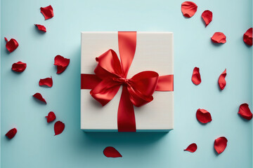 White gift box with a red ribbon and petals on a blue background. Top view. For Valentine's day, birthday or christmas.