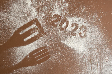 Bakery background. whisk, Spatula and flour