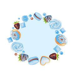 Watercolor illustration with  macaron, donut, chocolate and candies isolated on a white. Sweet blue wreath 