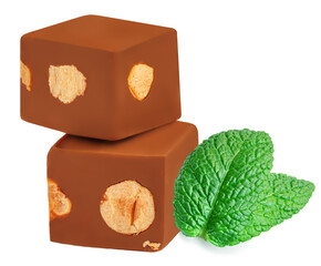 Dark chocolate candy pieces with nuts and mint (peppermint) leaves  isolated on white background. Menthol chocolate closeup.
