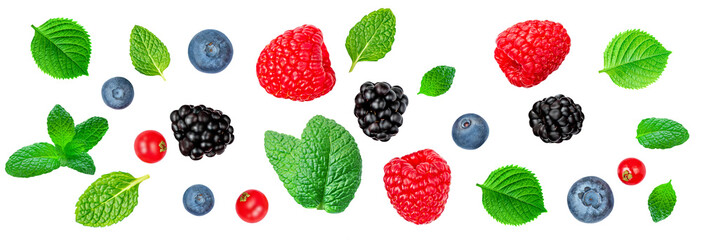 Fresh berries mix isolated on white background, top view. Summer berry fruits collection. Pattern....