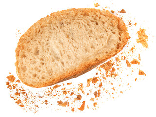 Top view of wholegrain ructic bread isolated on white  background closeup. Flat lay.