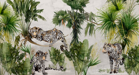 Leopards in tropical leaves, art drawing in the style of oil paints on a textured background, photo wallpaper
