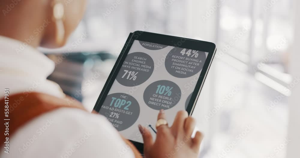Aufkleber research data, tablet and woman scroll on ui screen, review user feedback statistics or working on s