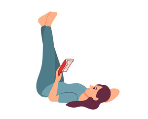 Young woman in bed with her legs up and reading a book. flat illustration