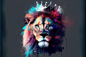 Abstract painting concept. Colorful art of a lion with a crown. Generative AI