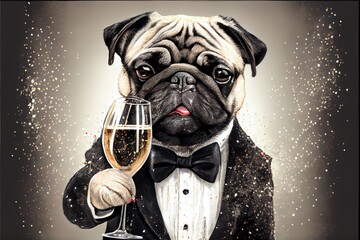 Dapper pug dog puppy wearing black tie suit and drinking sparkling wine. Generative AI