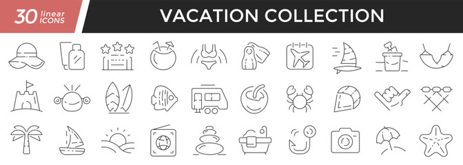 Fototapeta na wymiar Vacation linear icons set. Collection of 30 icons in black