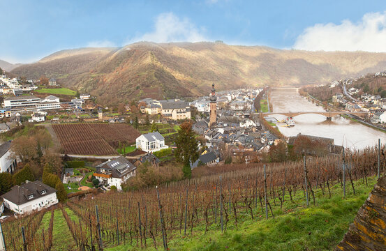 View of the city of Cochem and the Moselle river from the height of Reichsburg castle in winter, Germany