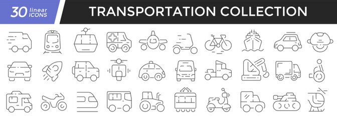 Transportation linear icons set. Collection of 30 icons in black
